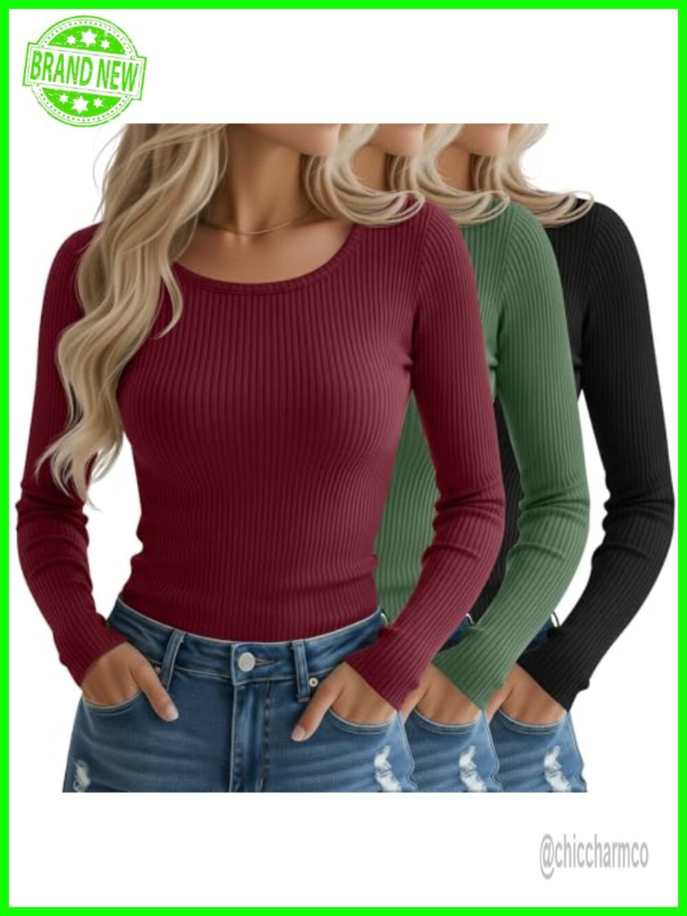 3 Pack Women's Long Sleeve Ribbed Crew Neck Slim Fit Crop Tops
